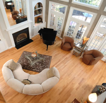 Aerial shot of the living room with sofa and chairs